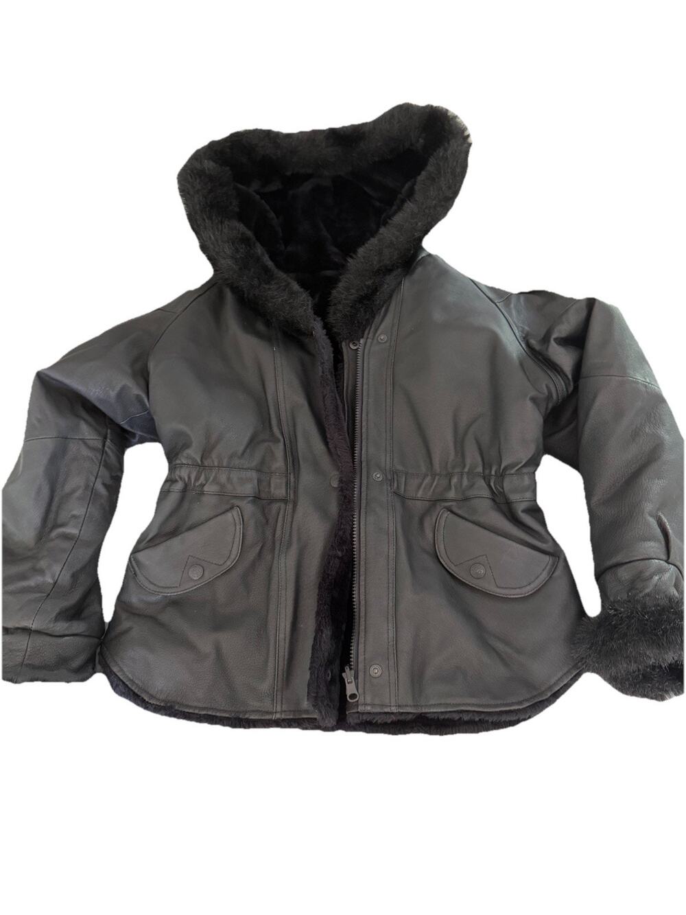 New Moves Black Reversible Faux Fur & Leather Jacket Girls Size Medium 10/12